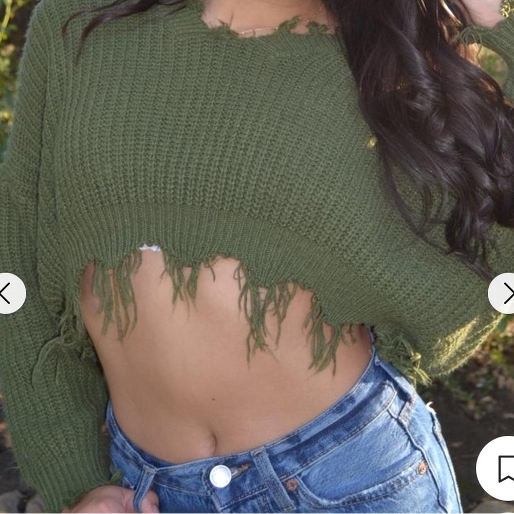 Green Distressed Knit Crop Off shoulder Sweater